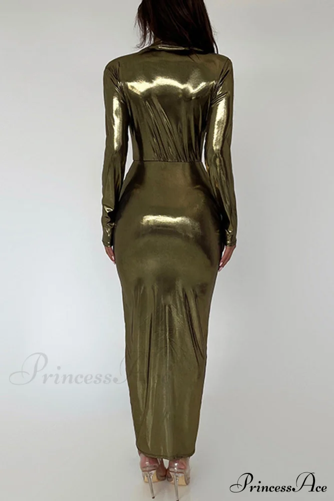 Glossy V Neck Ruched Slit Dress - Image 16