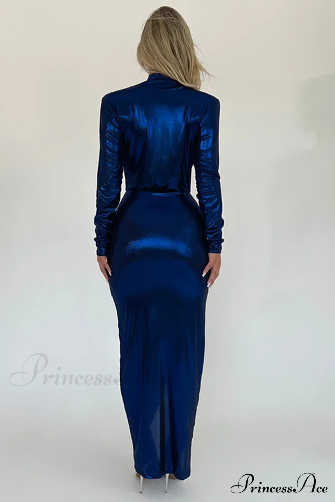 Glossy V Neck Ruched Slit Dress - Image 22