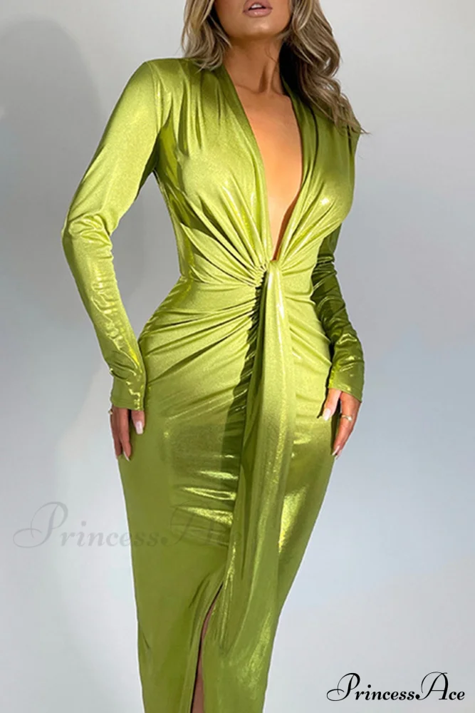 Glossy V Neck Ruched Slit Dress - Image 3