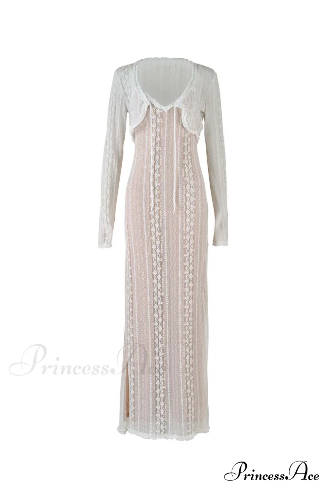 V Neck Lace Two-Piece Dress with Slit - Image 5