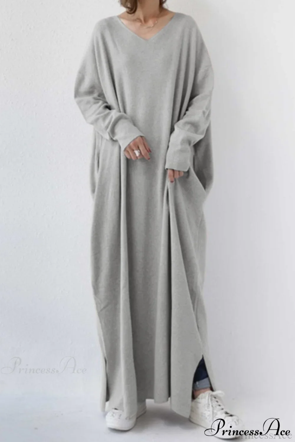 Slit Hem V Neck Sweatshirt Dress