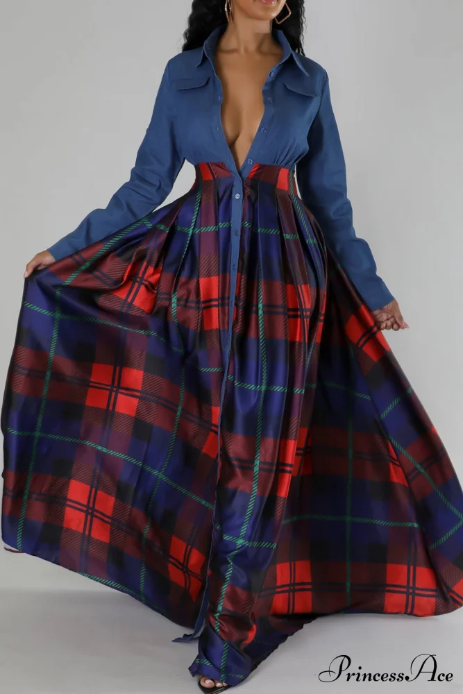 Plaid Printed Shirt Dress with Lapel