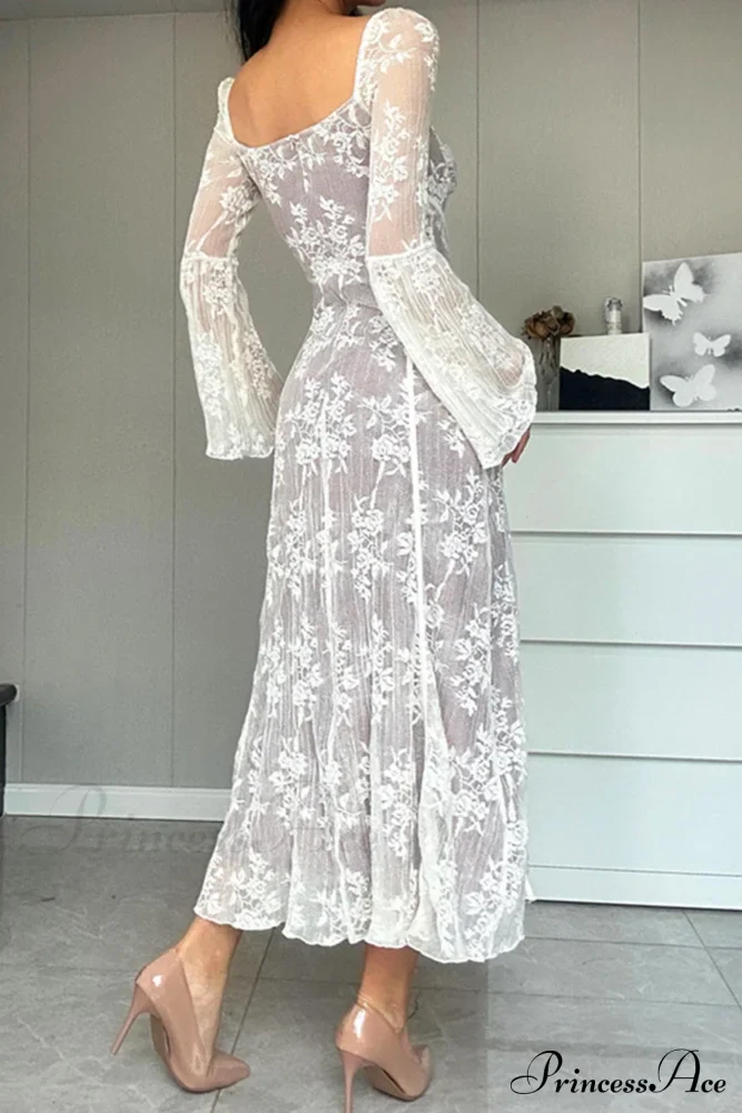 Lace Tie-up Flares Sleeve Midi Dress - Image 4