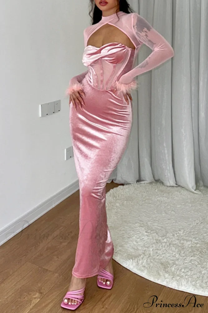 Velvet Mesh Patchwork Dress with Low Cut - Image 2