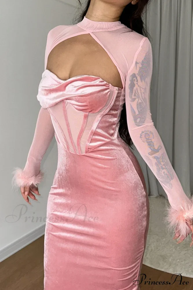 Velvet Mesh Patchwork Dress with Low Cut - Image 3