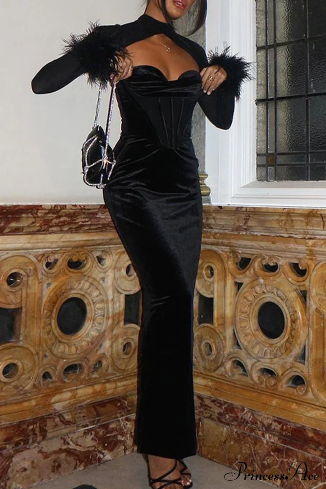 Velvet Mesh Patchwork Dress with Low Cut - Image 9