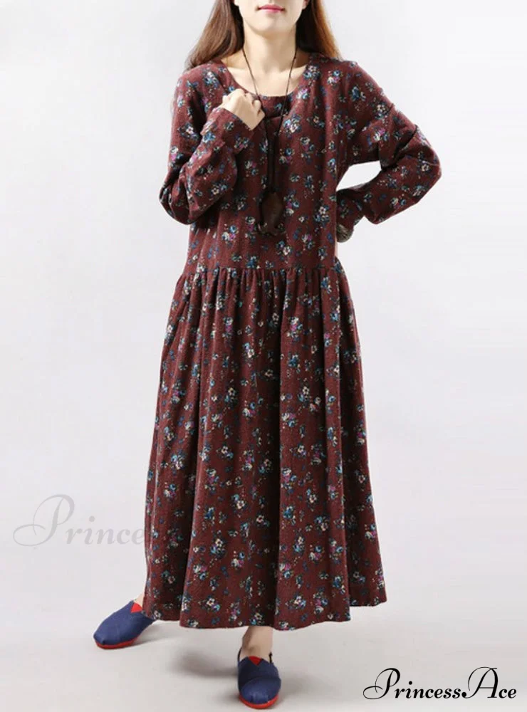 Vintage Floral Loose Long-Sleeve Casual Dress