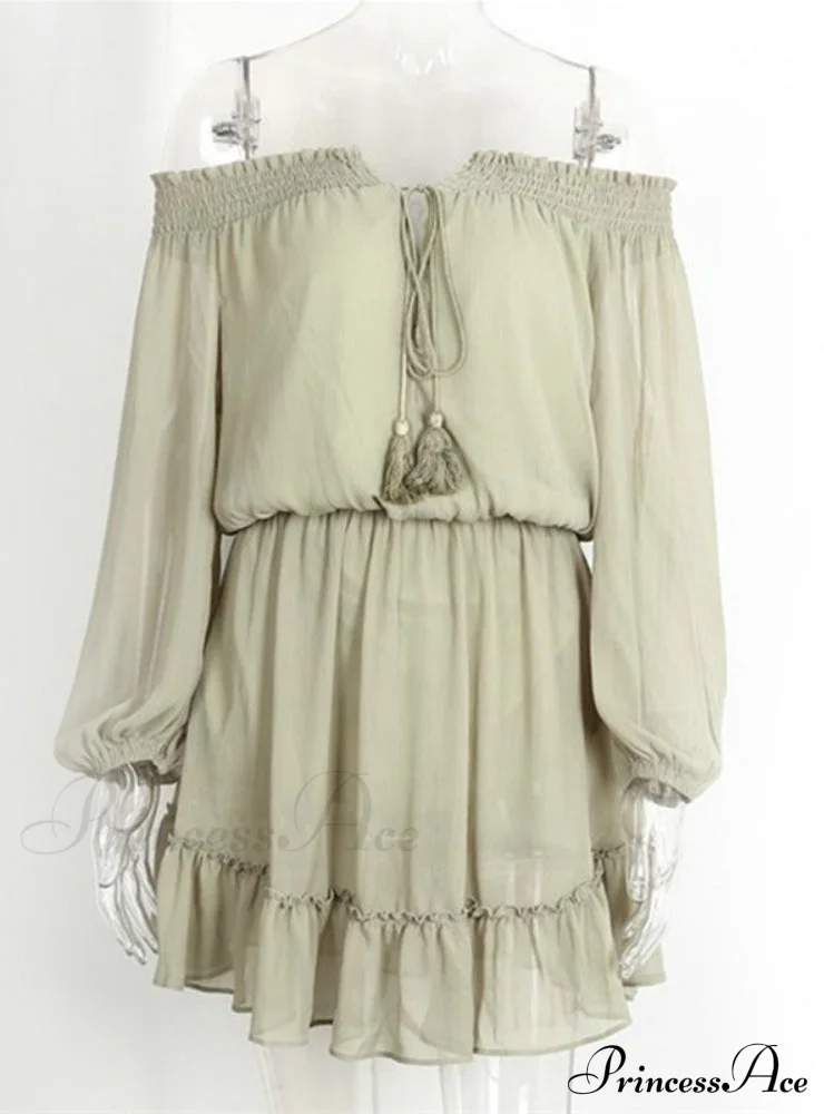 Vintage Off Shoulder Chiffon Dress with Long Lantern Sleeves - Image 4