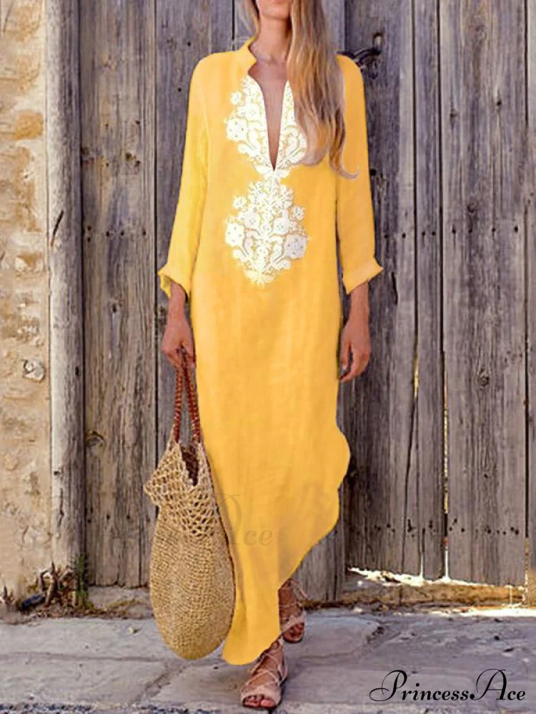 Yellow V-neck Maxi Dress with Long Sleeves and Split Sides