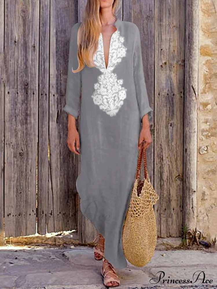 Yellow V-neck Maxi Dress with Long Sleeves and Split Sides - Image 2