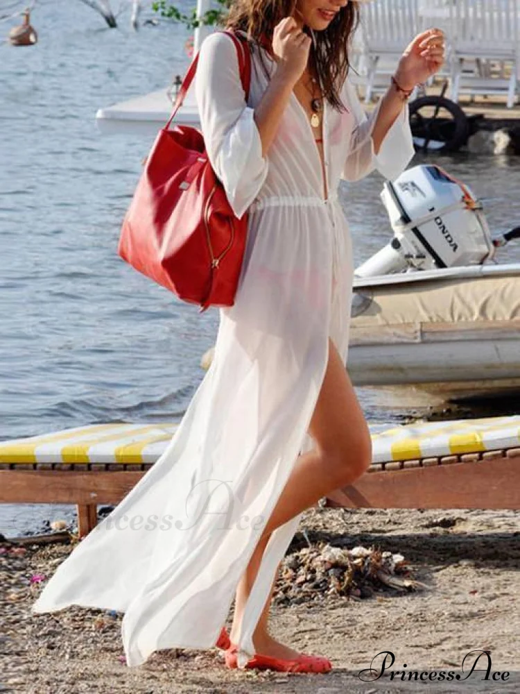 White Chiffon Maxi Beach Dress Cover-up with Long Sleeves - Image 2
