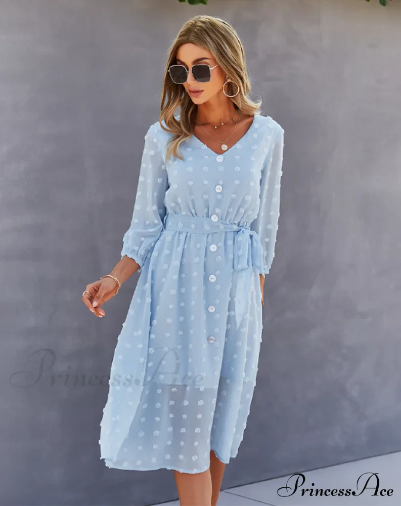 Elegant Half Sleeve Women's Casual V-neck Midi Dress with Buttons - Image 8