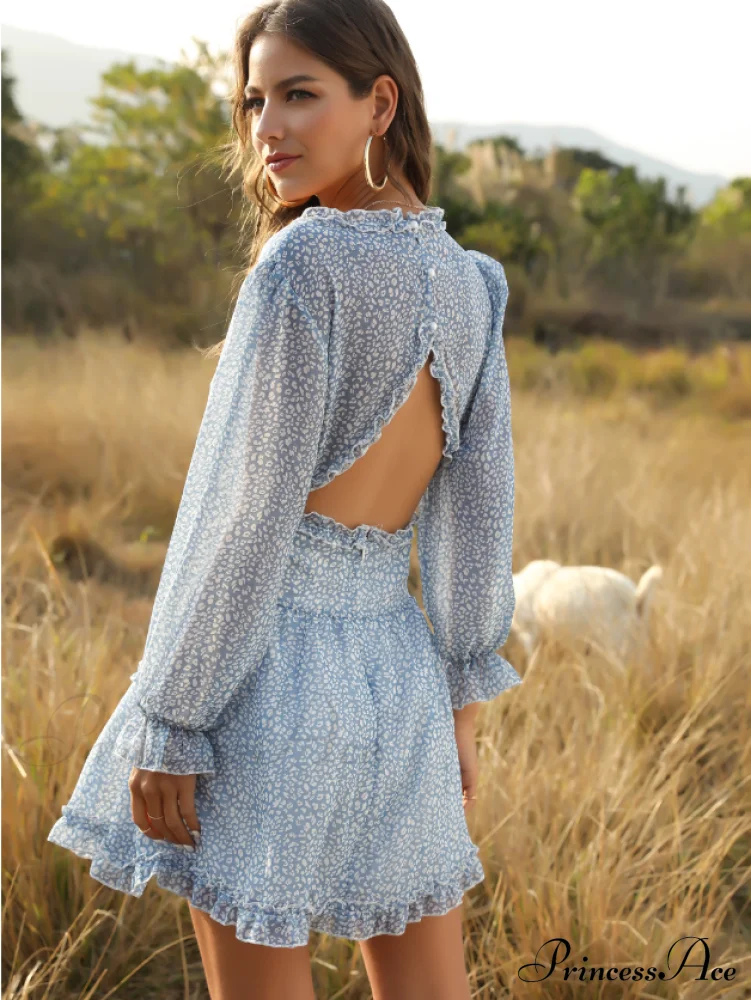 Women's Ruffles Chiffon Boho V-neck Mini Beach Dress with Long Lantern Sleeves - Image 6