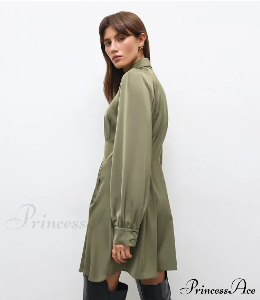 Vintage Green Office Long Sleeve Lapel Short Dress for Autumn - Image 3