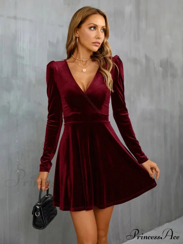 V-Neck Long Sleeve Velvet Dress