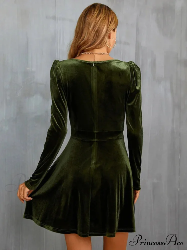 V-Neck Long Sleeve Velvet Dress - Image 5