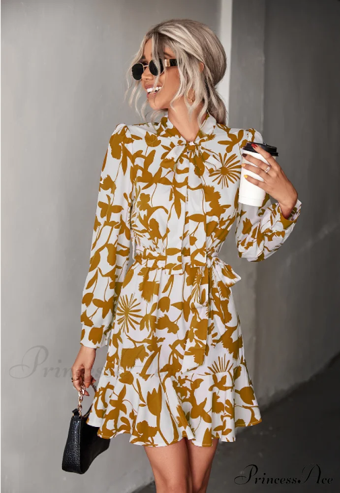 Woven Belt Waist Dress with Long Sleeves - Image 2