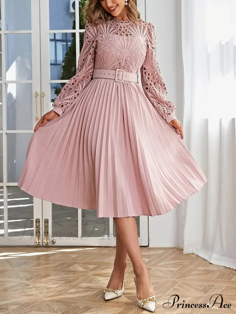 Pink Lace Pleated Party Dress with Belt