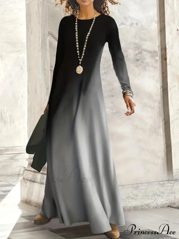 Elegant Crew Neck Long Sleeve Maxi Dress