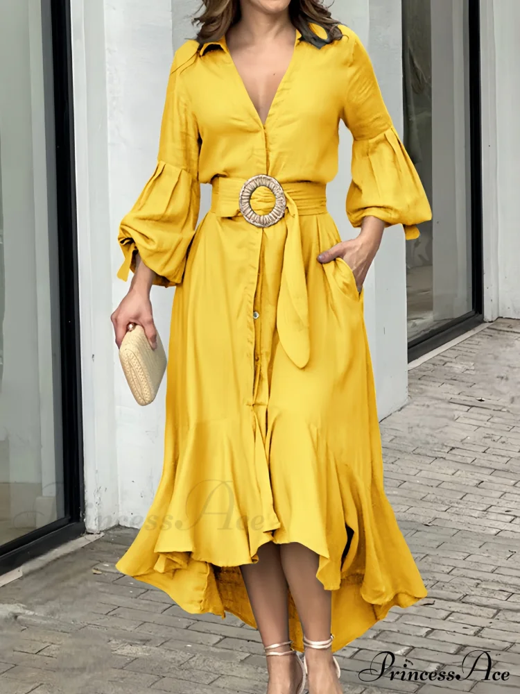 Ruffle Belt V Neck Long Sleeve Dress