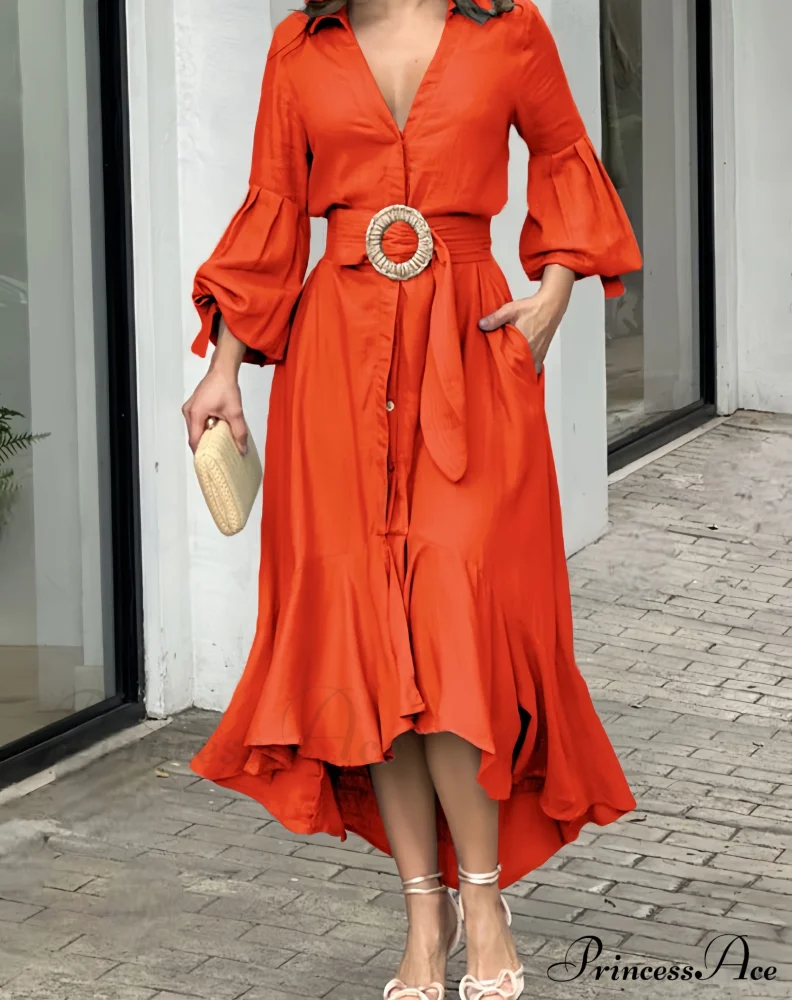 Ruffle Belt V Neck Long Sleeve Dress - Image 3