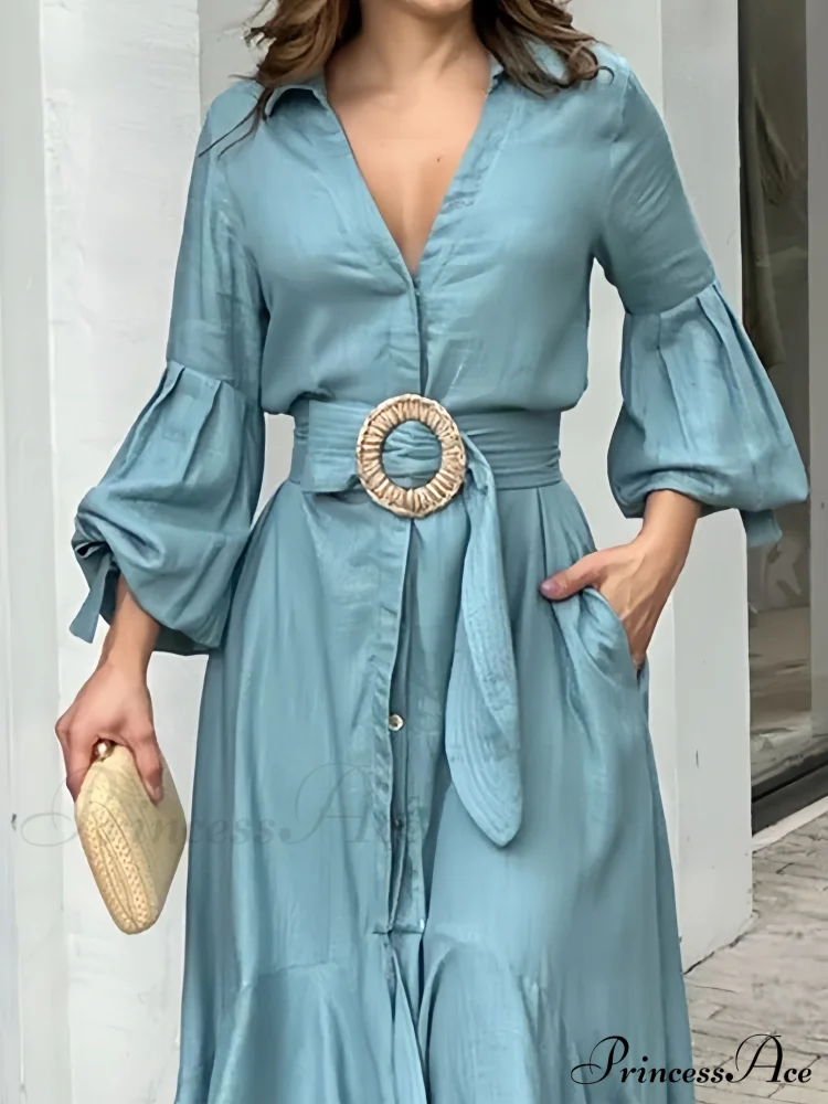 Ruffle Belt V Neck Long Sleeve Dress - Image 4