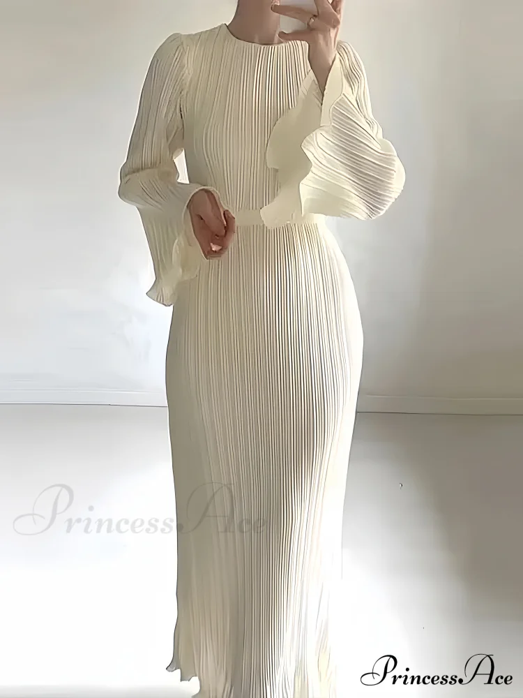 Pleated Ruffle Crew Neck Long Sleeve Casual Dress - Image 2