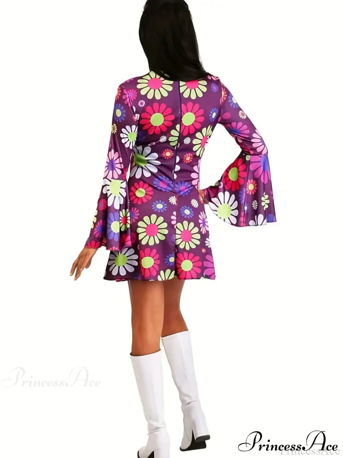 Purple Floral Flared Long Sleeve Party Dress - Image 4