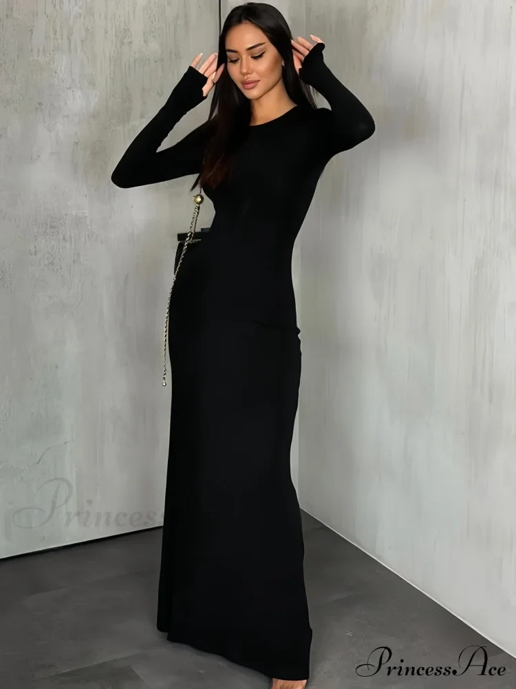 Black Maxi Dress with Long Sleeves and Sleek Silhouette