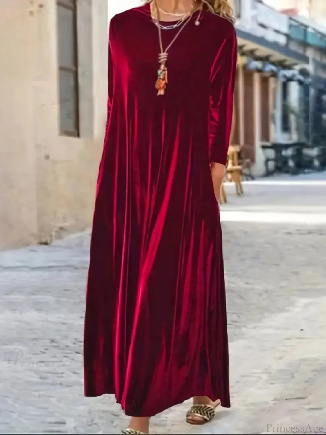 Burgundy Long Sleeve Round Neck Loose Maxi Dress