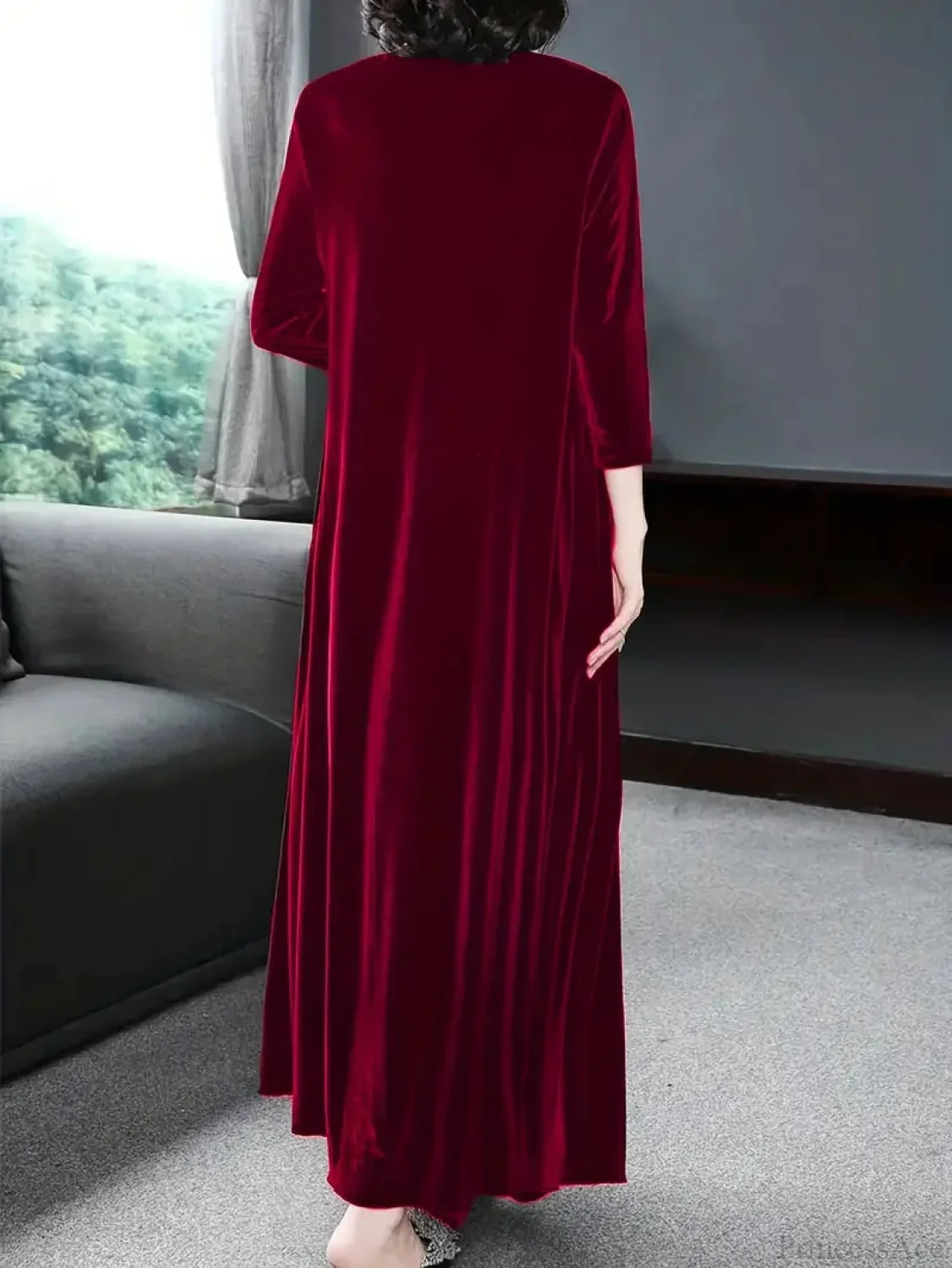 Burgundy Long Sleeve Round Neck Loose Maxi Dress - Image 2