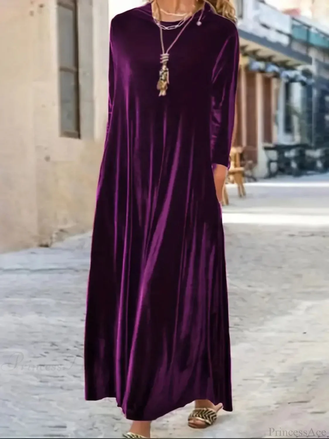 Burgundy Long Sleeve Round Neck Loose Maxi Dress - Image 3