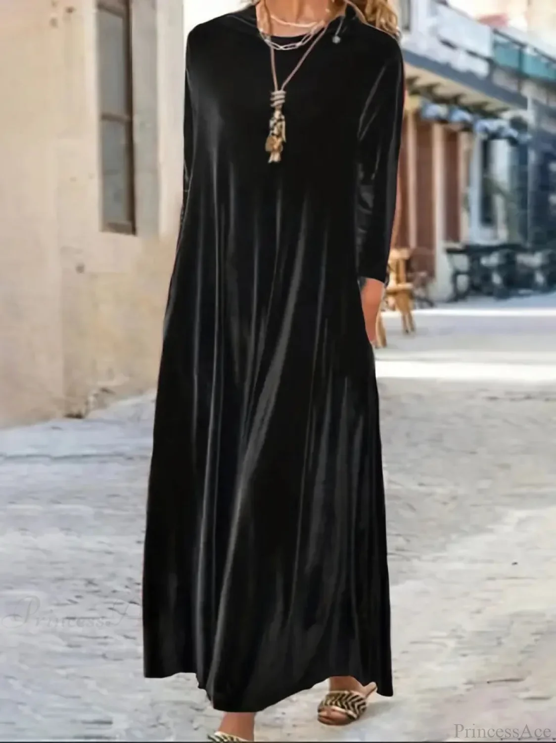 Burgundy Long Sleeve Round Neck Loose Maxi Dress - Image 6
