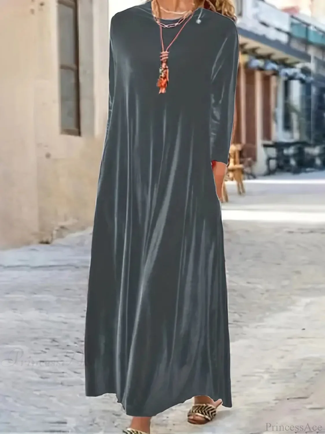 Burgundy Long Sleeve Round Neck Loose Maxi Dress - Image 8