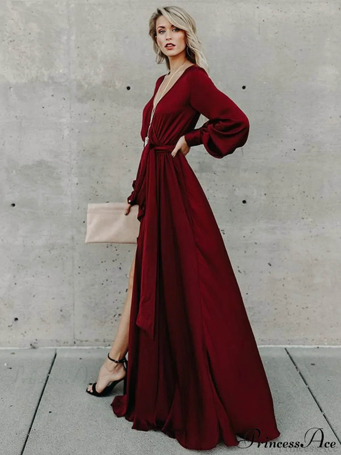 V-neck Long Sleeves Belted Maxi Dress - Image 3