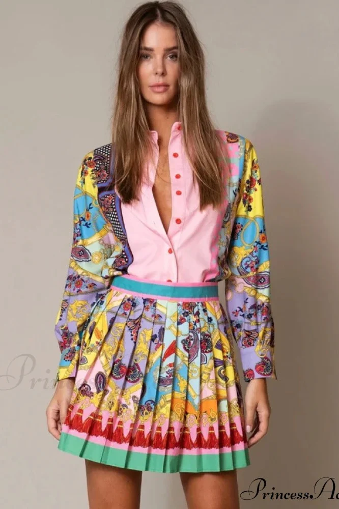 Floral Print Blouse and Pleated Skirt Set