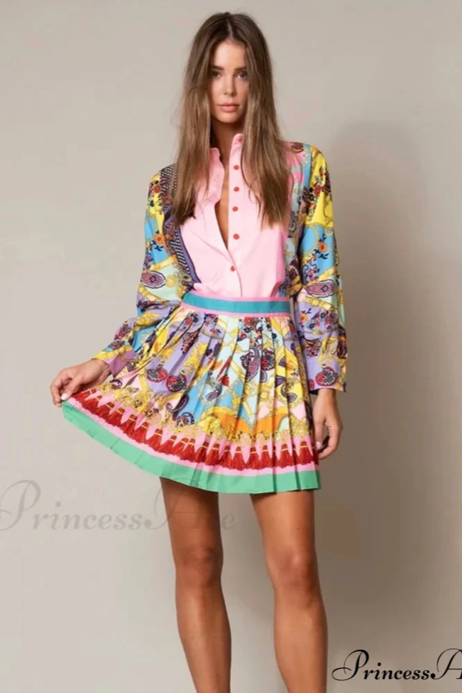 Floral Print Blouse and Pleated Skirt Set - Image 2