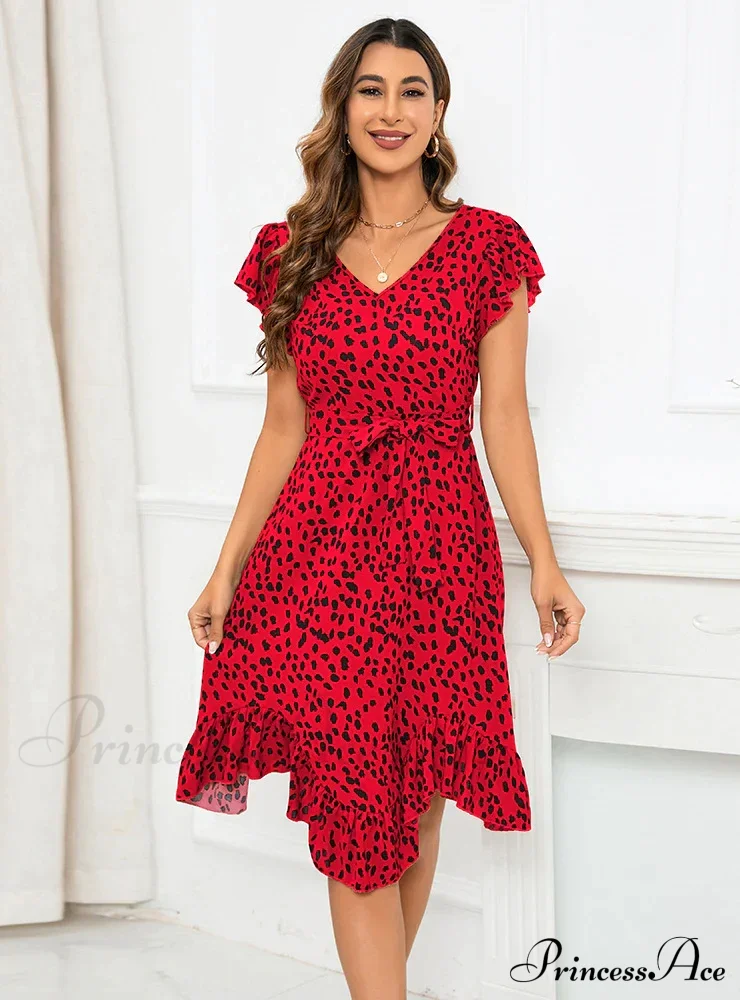 V-Neck Short Sleeve Leopard Print Irregular Dress - Image 4
