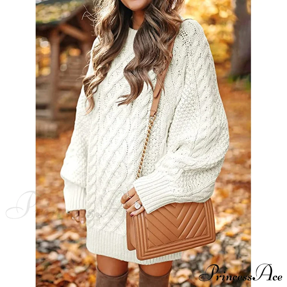 Women's Crewneck Cable Knit Chunky Pullover Sweater Dress - Image 4
