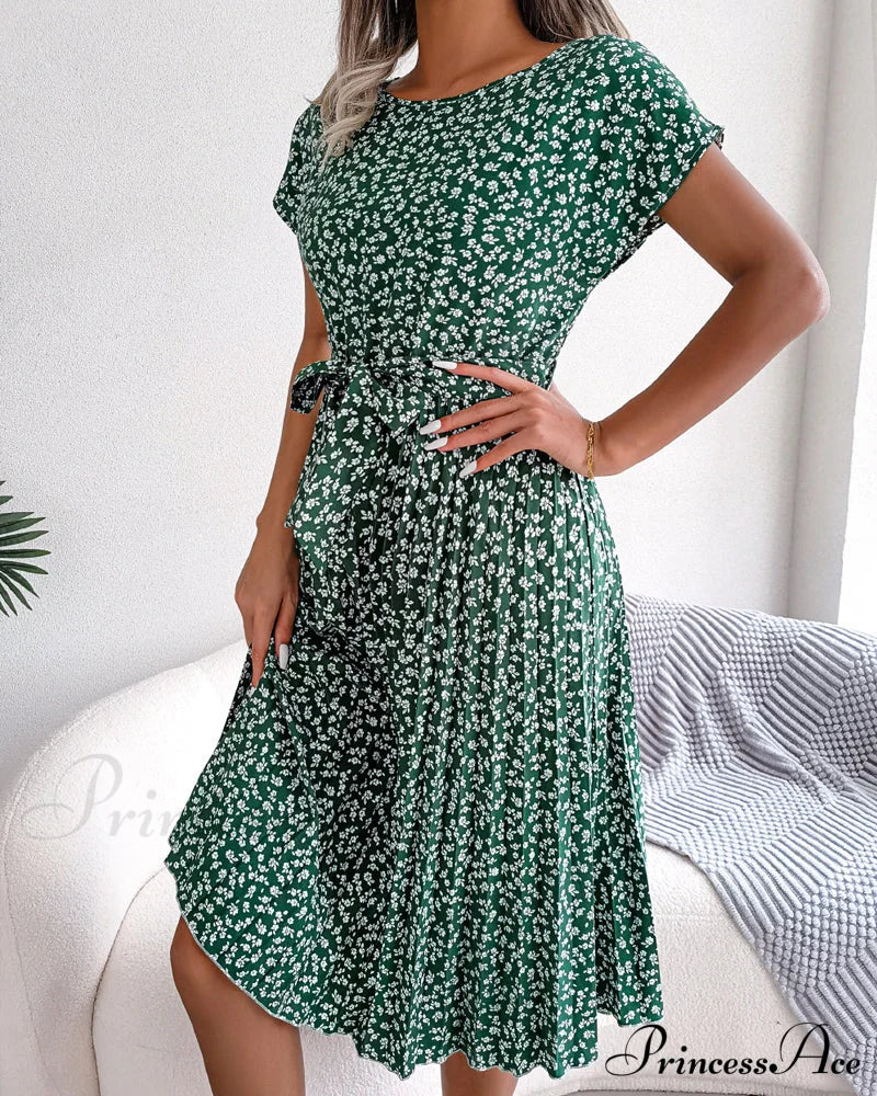 Floral Print Tie Dress - Short Sleeve - Image 12