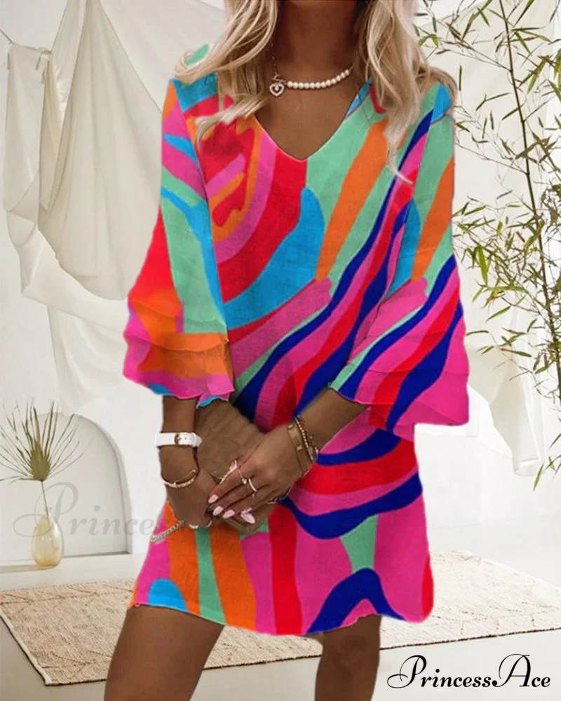 Multicolor Print Dress with Bell Sleeves - Image 3