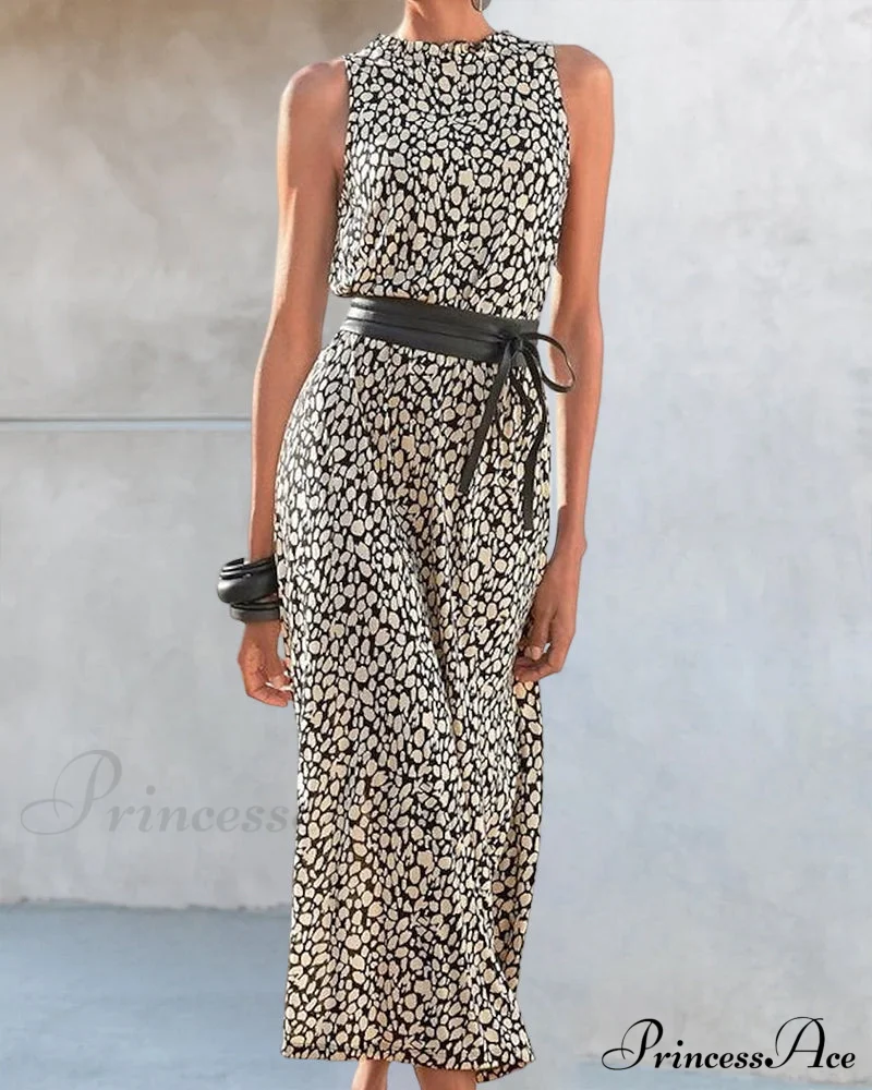 Sleeveless Fashion Print Dress with Belt - Image 4
