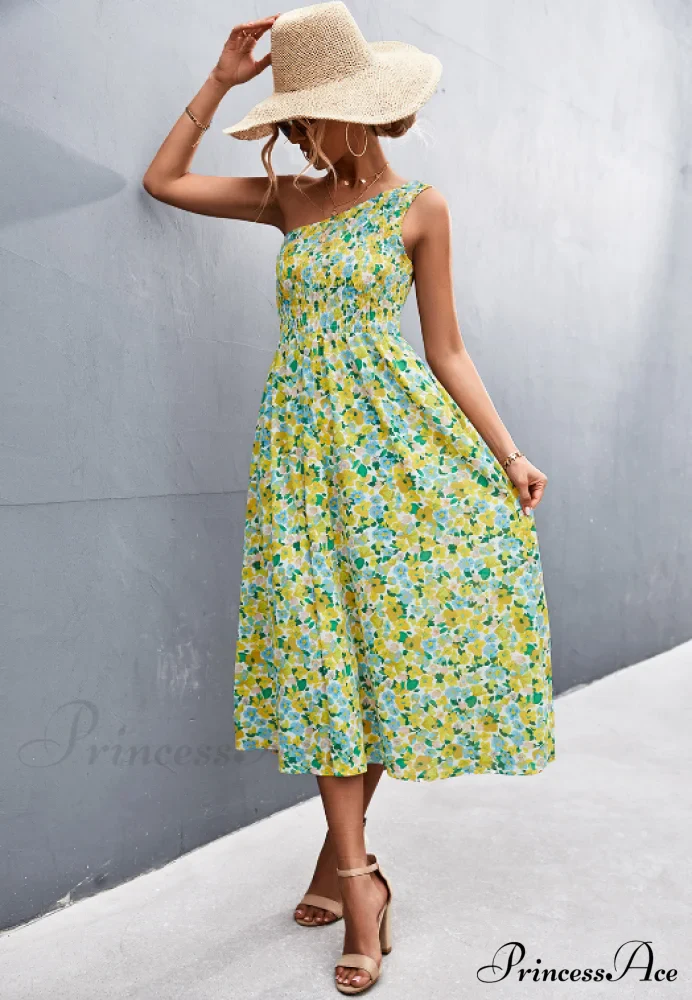 Floral Print Diagonal Shoulder Dress