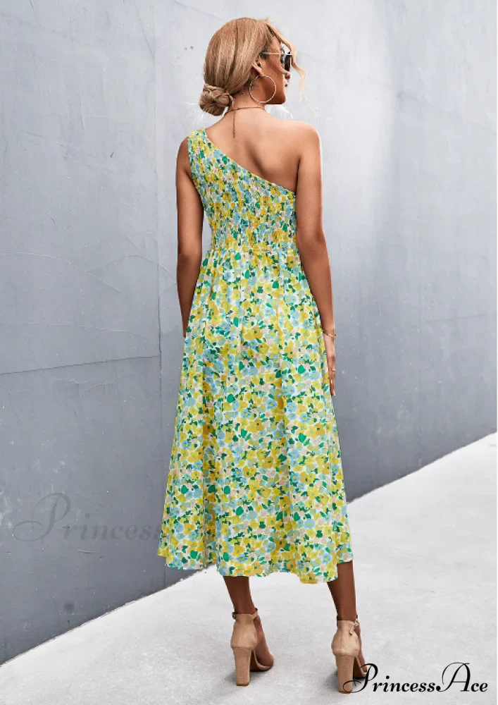 Floral Print Diagonal Shoulder Dress - Image 4