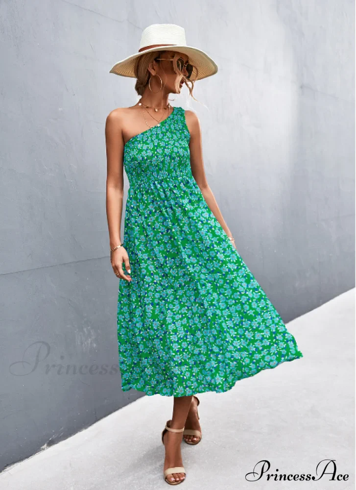 Floral Print Diagonal Shoulder Dress - Image 6