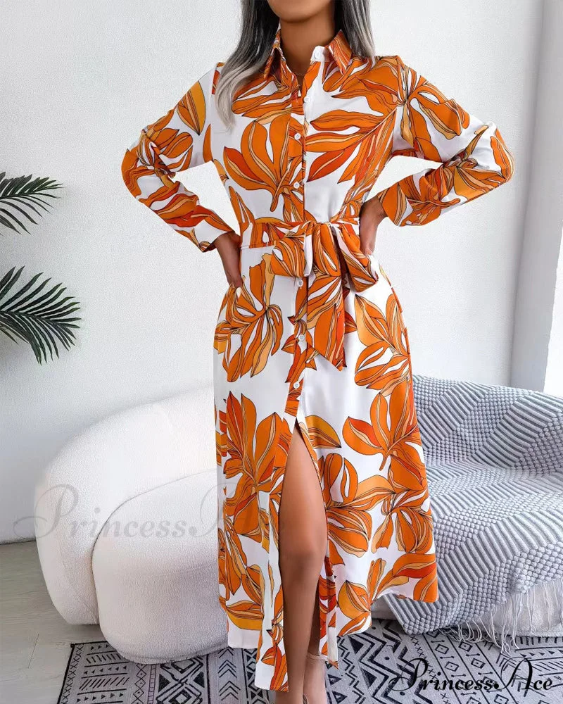 Floral Print Lapel Shirt Dress with Contrast - Image 12