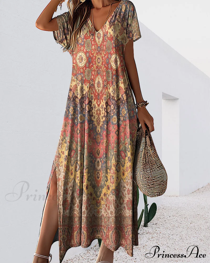 Printed V-neck dress with slit - Image 2