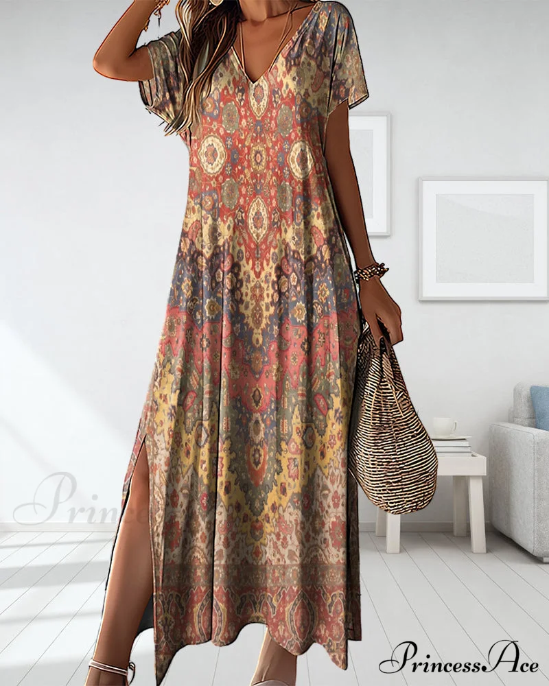Printed V-neck dress with slit - Image 3