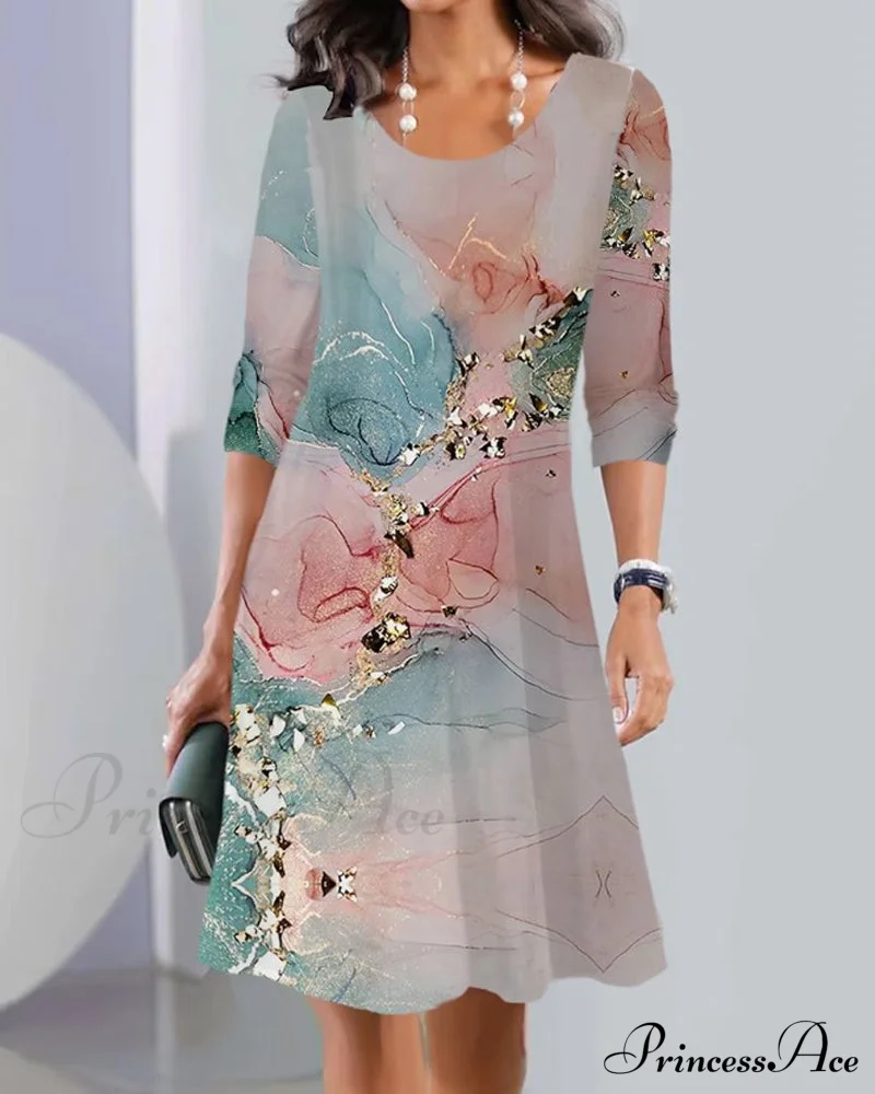 Printed Long Sleeve Crew Neck Dress