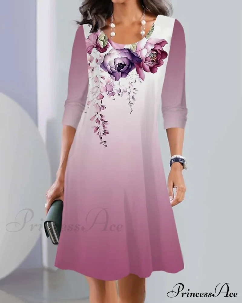 Printed Long Sleeve Crew Neck Dress - Image 4
